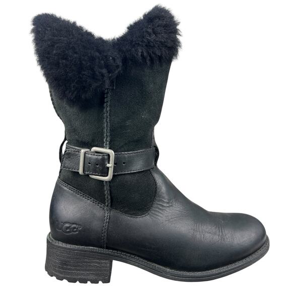 UGG Women’s Pernille Black Leather Shearling Lined Mid Winter Boot Size US 6 - Picture 1 of 10